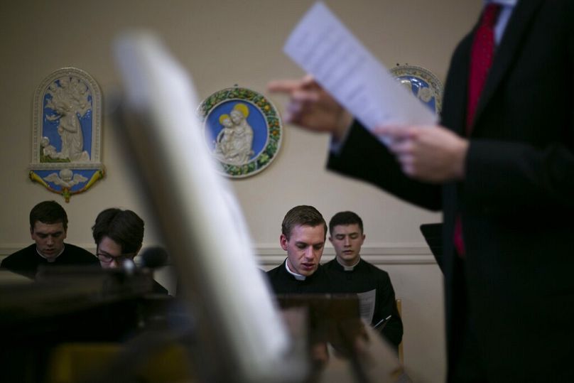 Seminarian Daniel Rice, third from left, sings with a choir at St. Charles Borromeo Seminary in Wynnewood, Pa., on Wednesday, Feb. 5, 2020.