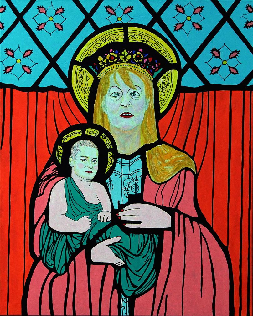 Schmidt Szűz Mária és kisdede Ungár Péter a NER templomában 100 x 80 cm, akril vásznon, 2020