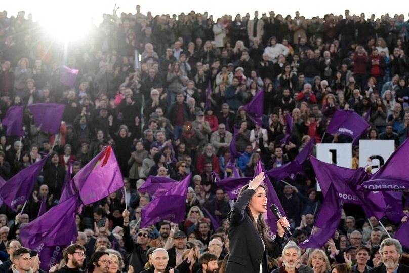 Podemos' candidate Irene Montero delivers a speech during their last campaign rally in Madrid on April 26, 2019