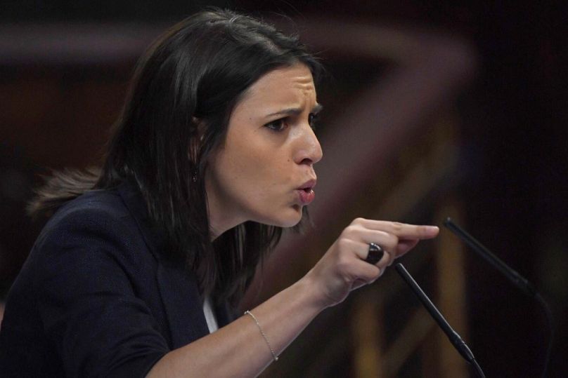 Spokeswoman in the lower house for the anti-austerity party Podemos, Irene Montero, speaks at the Congress of Deputies in Madrid on June 13, 2017.