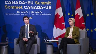  Prime Minister Justin Trudeau and European Commission President Ursula von der Leyen meet in St. John's, Newfoundland, on Friday, Nov.24, 2023 