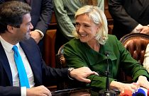 Andre Ventura et Marine Le Pen lors d'une conférence de presse au parlement portugais à Lisbonne, vendredi 24 novembre 2023.