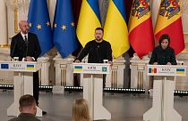 نشست مطبوعاتی مشترک روسای جمهور مولداوی و اوکراین و رئیس شورای اروپا