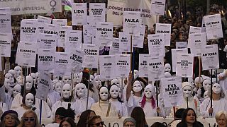 Women with masks march with placards with the names of women who have been killed, during the International Day for the elimination of Violence against women.
