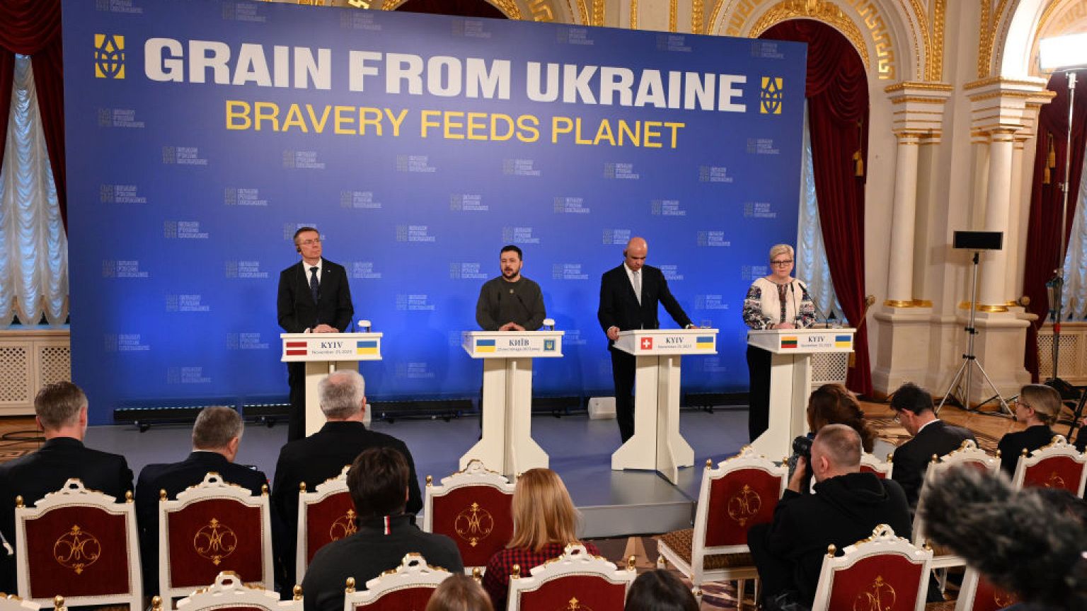 Latvian President Edgars Rinkevics, Ukraine's President Volodymyr Zelenskyy, Swiss President Alain Berset and Lithuania PM Ingrida Simonyte at 'Grain from Ukraine' summit