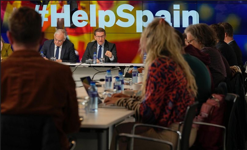 El líder del PP, Alberto Núñez Feijoo, durante un ecuentro con corresponsales extranjeros para explicarles su postura sobre la ley de amnistía