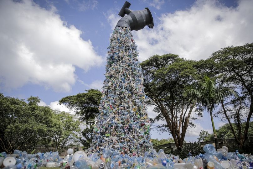 A giant art sculpture showing a tap outpouring plastic bottle during the UN Environment Assembly (UNEA) held in Nairobi, March 2022