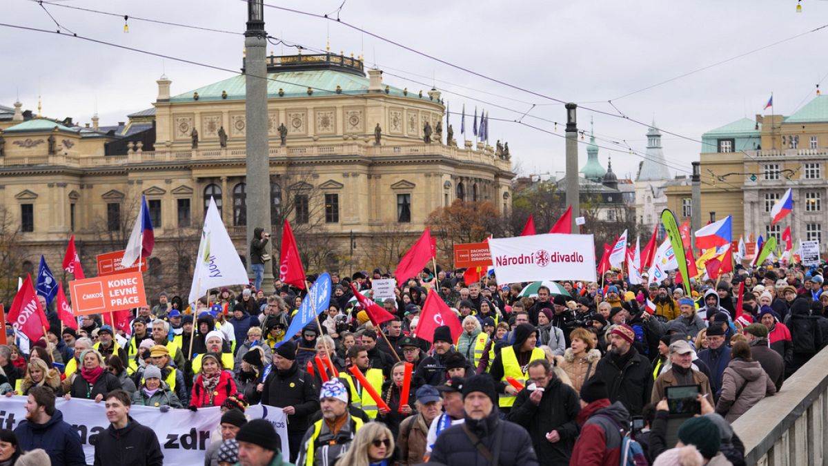 Thousands of protesters march downtown Prague, Czech Republic, Monday, Nov. 27, 2023.