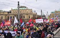Thousands of protesters march downtown Prague, Czech Republic, Monday, Nov. 27, 2023.