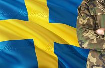 A compilation image showing the flag of Sweden and someone in a military uniform. 