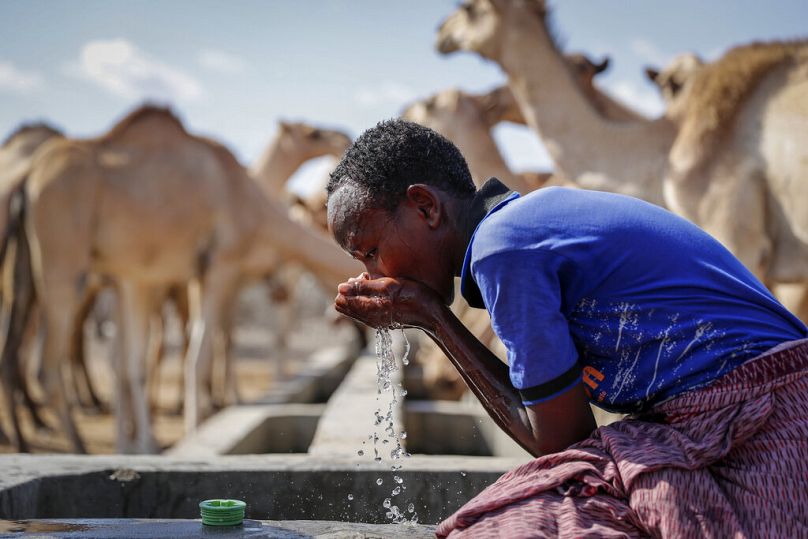 A herder boy who looks after livestock quenches his thirst from a water point during a drought, in the desert near Dertu, October 2021