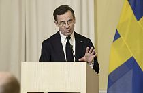 Swedish Prime Minister Ulf Kristersson speaks during a joint press conference with Finnish Prime Minister.