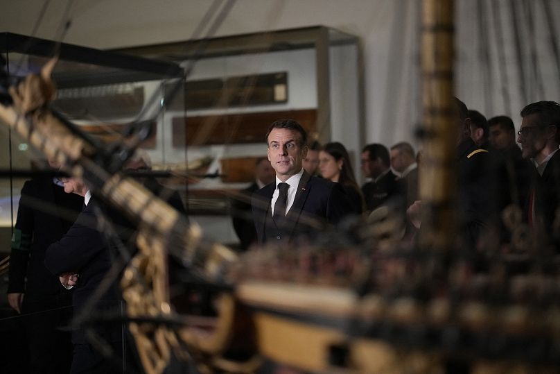 French President Emmanuel Macron visits the National Maritime Museum (Musee national de la Marine), the day of its reopening after six years of renovation, in Paris.