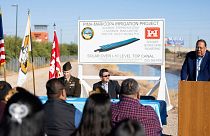 Gov. Lewis speaks during the signing of an agreement with the US Army Corps of Engineers to put solar panels over a stretch of irrigation canal on the tribe’s land.