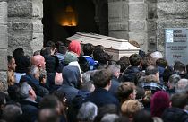 The coffin of Thomas, a teenager stabbed to death in a fight in the French village of Crépol.