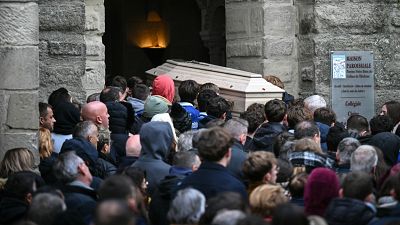 The coffin of Thomas, a teenager stabbed to death in a fight in the French village of Crépol.
