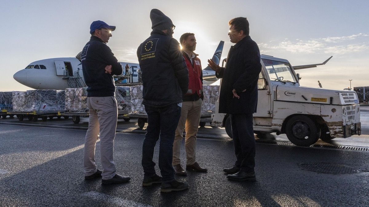 EU Commissioner for humanitarian aid Janez Lenarčič visits Ostende airport for the upload of a humanitarian cargo to Gaza