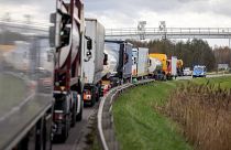 Trucks stuck in queue at the Poland-Ukraine border. 