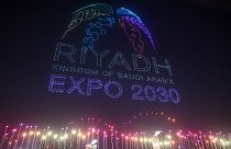 A light display created using drones is performed after Riyadh won the right to host the 2030 World Expo at king Abdullah Financial District in Riyadh, on November 28, 2023.