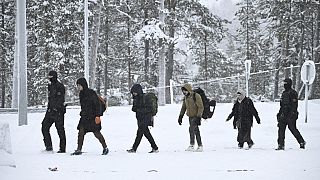 Guardias fronterizos finlandeses escoltan a migrantes que llegan al paso fronterizo internacional de Raja-Jooseppi, entre Rusia y Finlandia, en Inari, norte de Finlandia, 25/11/23.