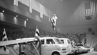 Evel Knievel makes his record jump of 15 cars at the Cow Palace. March 3, 1972.