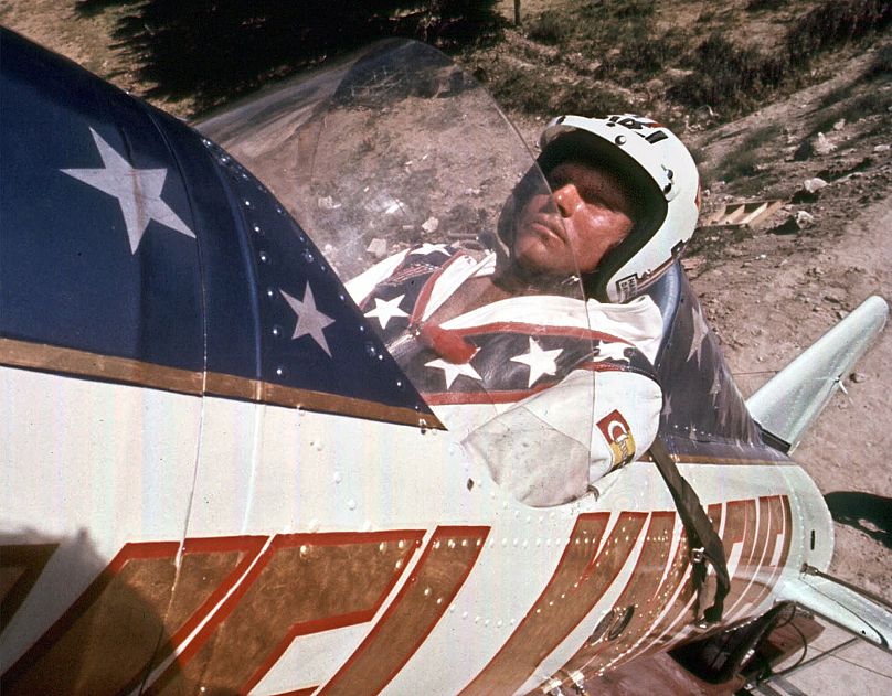 Evel Knievel is shown in his rocket before his failed attempt at a highly promoted 3/4-mile leap across Snake River Canyon in Twin Falls, Idaho, on Sept. 8, 1974