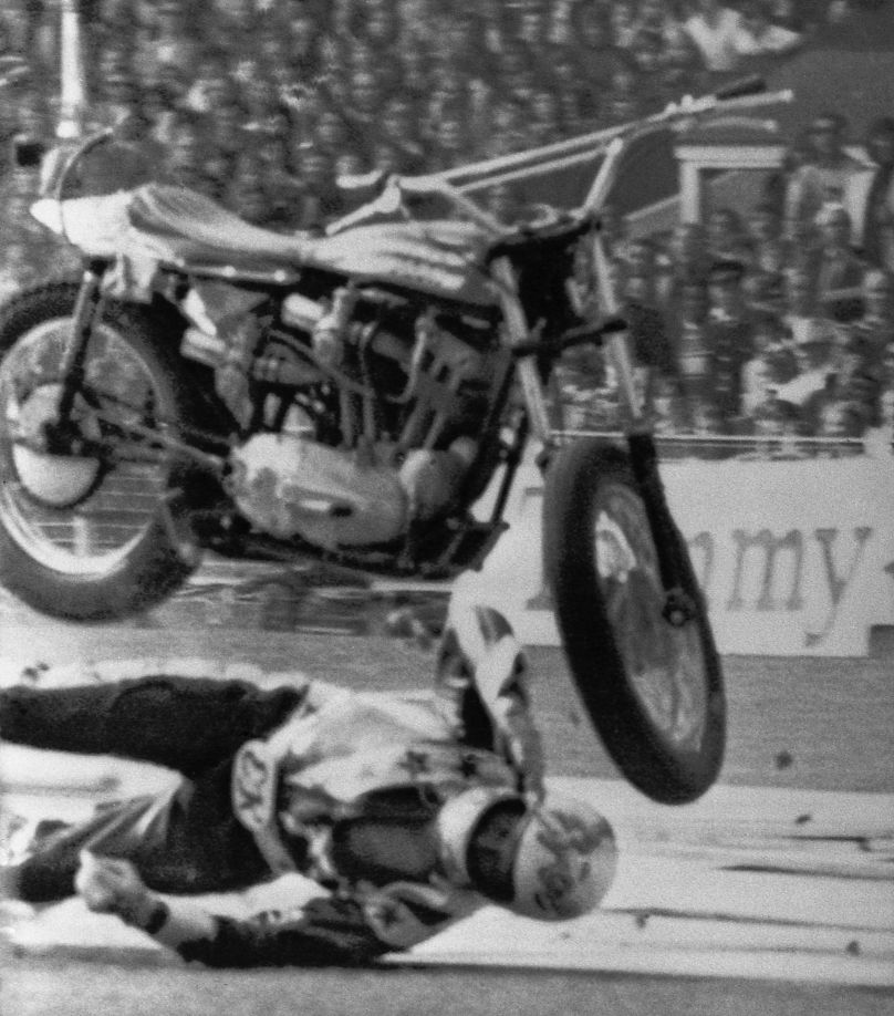 Evel Knievel crashes at Webley Stadium, London, on Monday 26th May 1975,