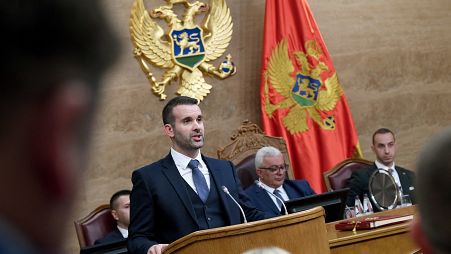 Montenegro's newly elected Prime Minister Milojko Spajic addresses the parliament in Podgorica early hours on October 31, 2023. 