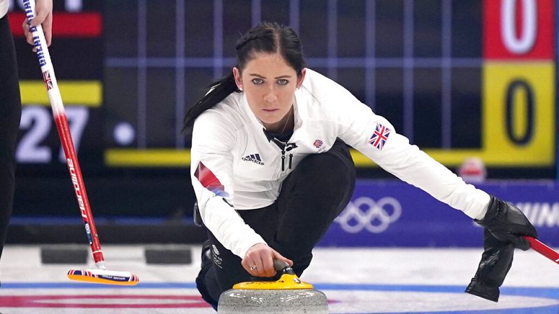 Britain's Eve Muirhead throws a rock during the women's curling final match between Japan and Britain at the Beijing Winter Olympics Sunday, Feb. 20, 2022, in Beijing.