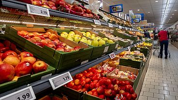 Fruits are pictured in a discounter in Frankfurt, Germany, Thursday, Sept. 28, 2023.