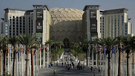 The venue for the COP28 UN Climate Summit with the Al Wasl Dome in the background at Expo City, Nov. 29, 2023, in Dubai, United Arab Emirates. 