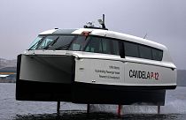 Candela’s new P-12 electric hydrofoil passenger vessel slices through the water in Stockholm’s archipelago, Sweden, 10 November 2023.