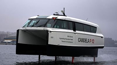 Candela’s new P-12 electric hydrofoil passenger vessel slices through the water in Stockholm’s archipelago, Sweden, 10 November 2023.