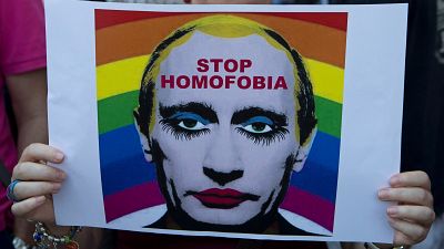 A protest against Russia's crackdown on LGBT people.