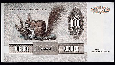 A Danish 1000 kroner (crown) banknote - now out of circulation - featuring a red squirrel