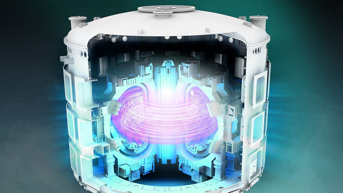 L'image montre un rendu conceptuel du réacteur thermonucléaire expérimental international (ITER) qui vise à démontrer la faisabilité industrielle de la fusion nucléaire.