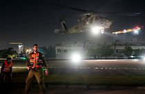 An Israeli Air Force helicopter carrying an Israeli hostage released by Hamas lands at the Sheba Medical Center in Ramat Gan, Israel