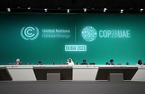 Il presidente della COP28 Sultan al-Jaber, al centro, assiste alla sessione di apertura del Vertice sul clima delle Nazioni unite Cop28, giovedì 30 novembre 2023, a Dubai