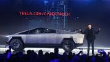 Tesla CEO Elon Musk introduces the Cybertruck at Tesla's design studio on November 21, 2019, in Hawthorne, California in the US>