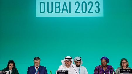 COP28 president Sultan Ahmed Al Jaber (C) presides the opening ceremony of the COP28 United Nations climate summit in Dubai. 