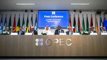 Representatives of OPEC member countries attend a press conference after the 45th Joint Ministerial Monitoring Committee and the 33rd OPEC and non-OPEC Ministerial Meeting in 