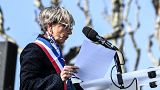 Mayor of Romans-Sur-Isere Marie-Helene Thoraval delivers a speech in Romans-Sur-Isere on April 3, 2021, during a tribute to the victims an attack in of the April 4, 2020