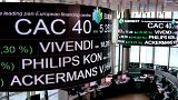 The stock tickers and financial display are pictured at the headquarters of the Pan-European stock exchange Euronext in La Defense district, near Paris, on April, 24, 2017. ER