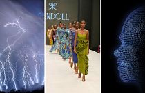 Photo montage displaying a storm, models at the Lagos Fashion Week in Lagos, Nigeria and AI 