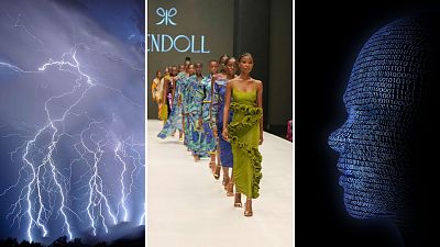 Photo montage displaying a storm, models at the Lagos Fashion Week in Lagos, Nigeria and AI 