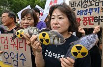 South Korean environmental activists hold fish dolls with radioactive signs during a rally against the Japanese government's plan to release wastewater from the stricken Fukus