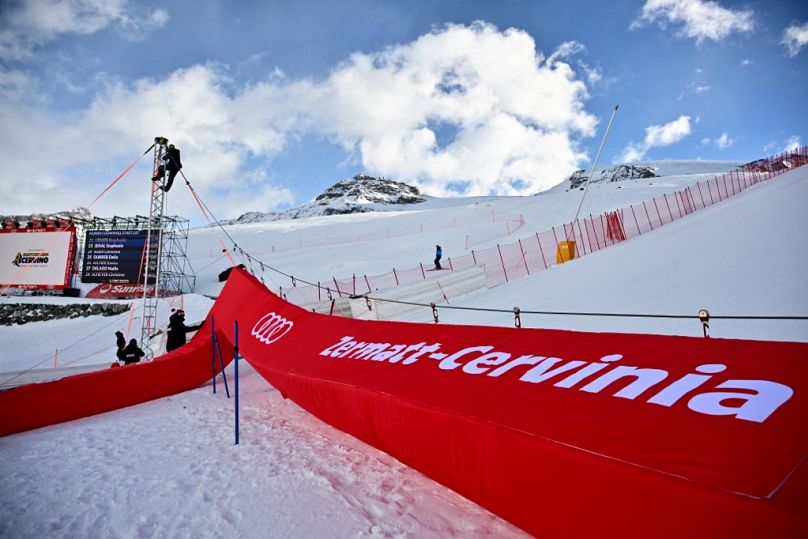 The finish line area before the women's downhill at the FIS Alpine Ski World Cup in Zermatt-Cervinia