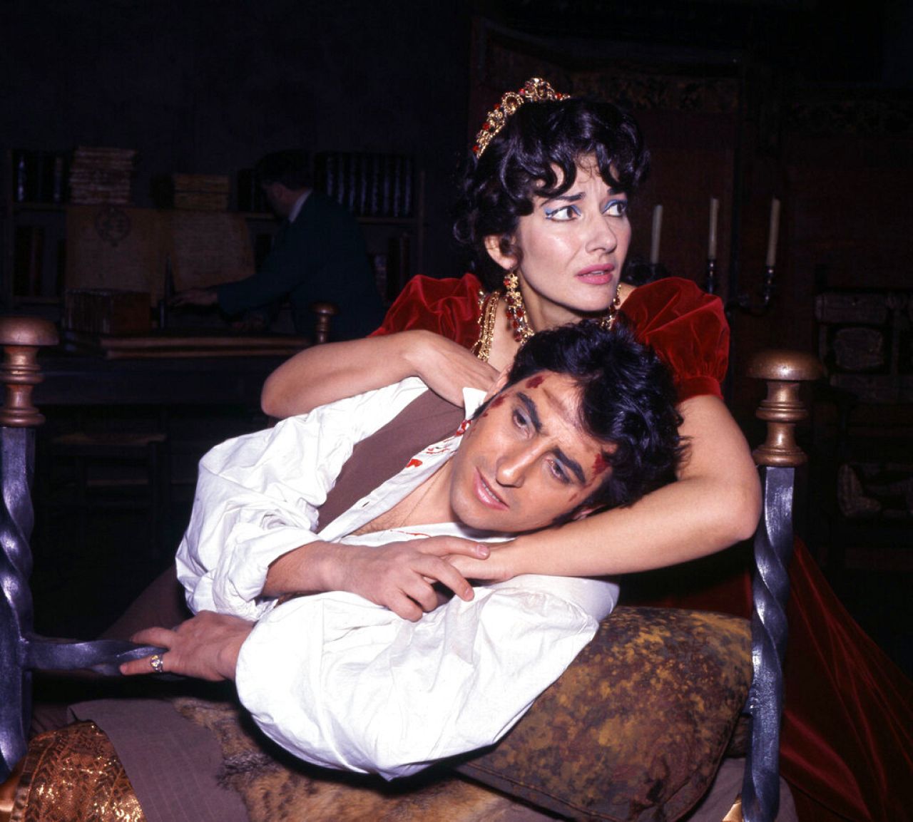 Callas pictured on stage with Renato Cioni during the gala performance of Tosca at the Royal Covent Garden Opera House, London, on Monday, July 5, 1965.