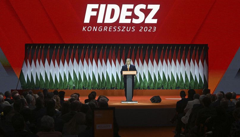 Viktor Orban delivers his speech after he was re-elected as party president at the election of officials congress of the ruling Fidesz party in Budapest, November 2023