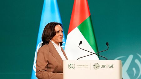 Vice President of the US Kamala Harris arrives to speak during a plenary session at COP28.